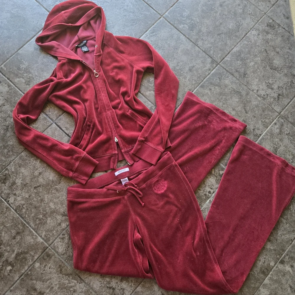 Vintage Abercrombie & Fitch Red Velvet Velour Tracksuit Matching Set Sweatpants